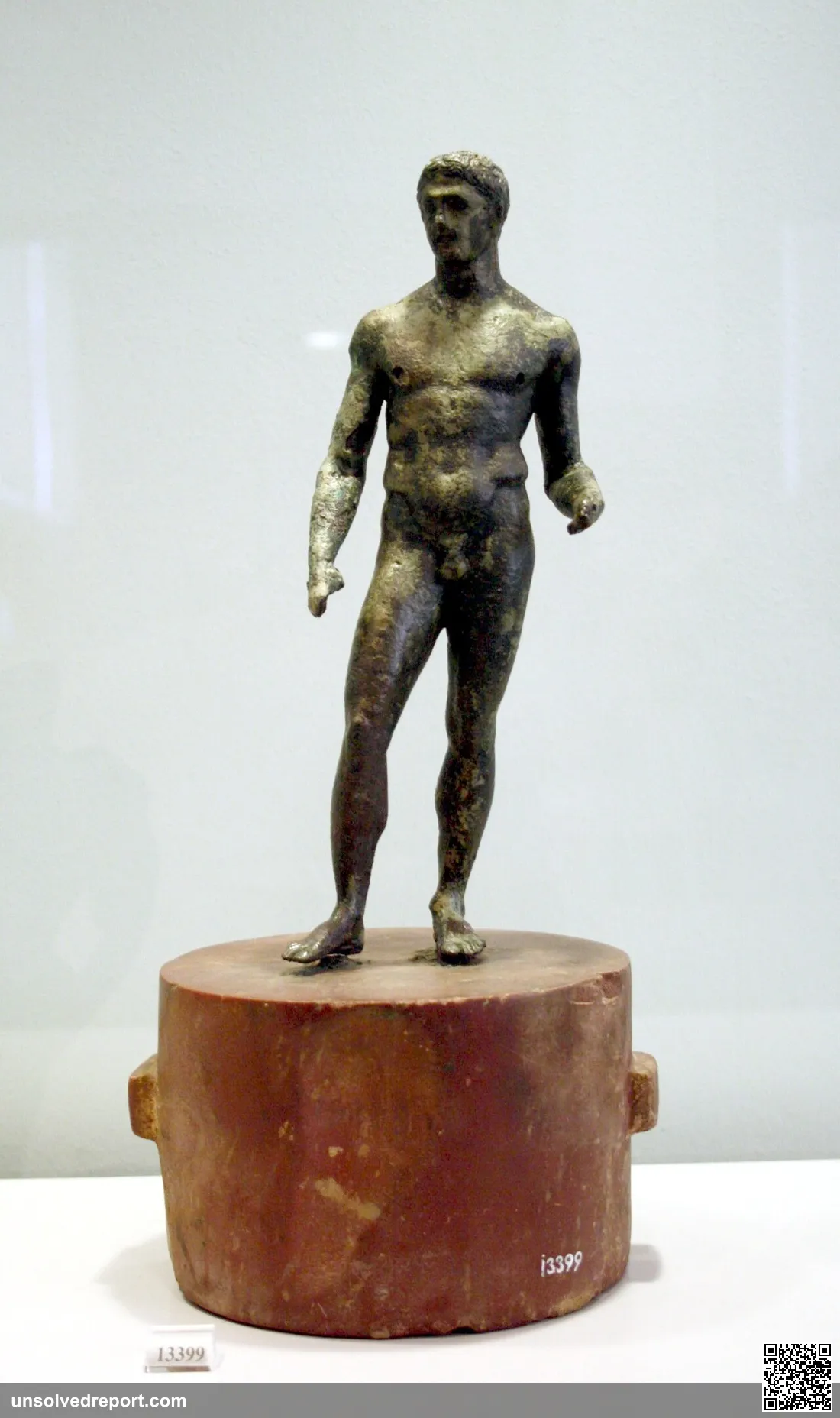 Bronze statuette fron the Antikythera shipwreck, possibily dating from the 5th centruy BC. On display in the Room 38 (b…