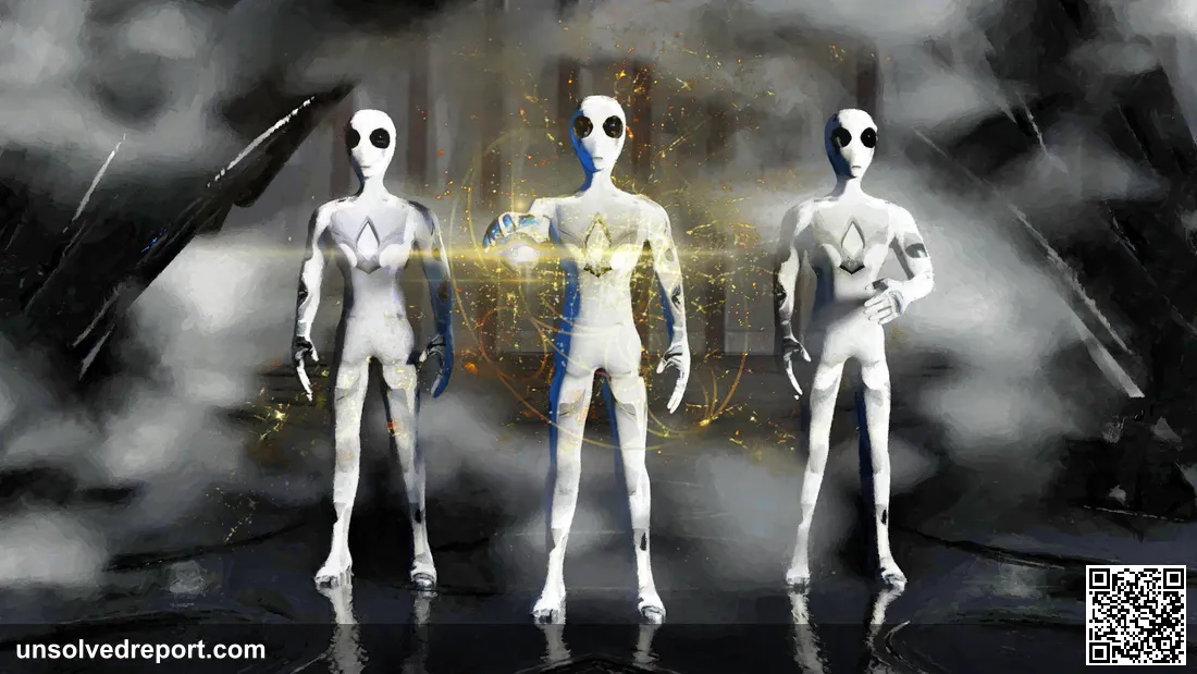 Artistic depiction of thin, black-eyed beings, matching how the Ariel School pupils described the figures beside the craft.