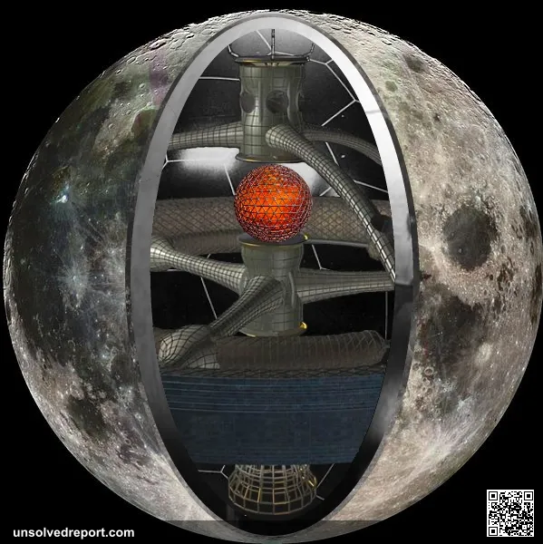 Cutaway illustration of an alien base in a hollow Moon