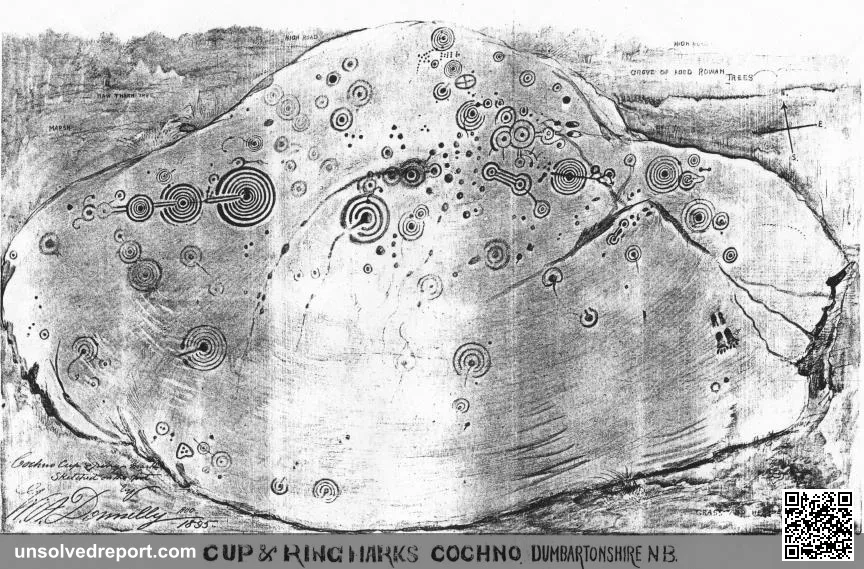 Sketch by W. A. Donnelly (dated 1895) of the Cup & Ring marks on the Cochno Stone, West Dunbartonshire. Published b…