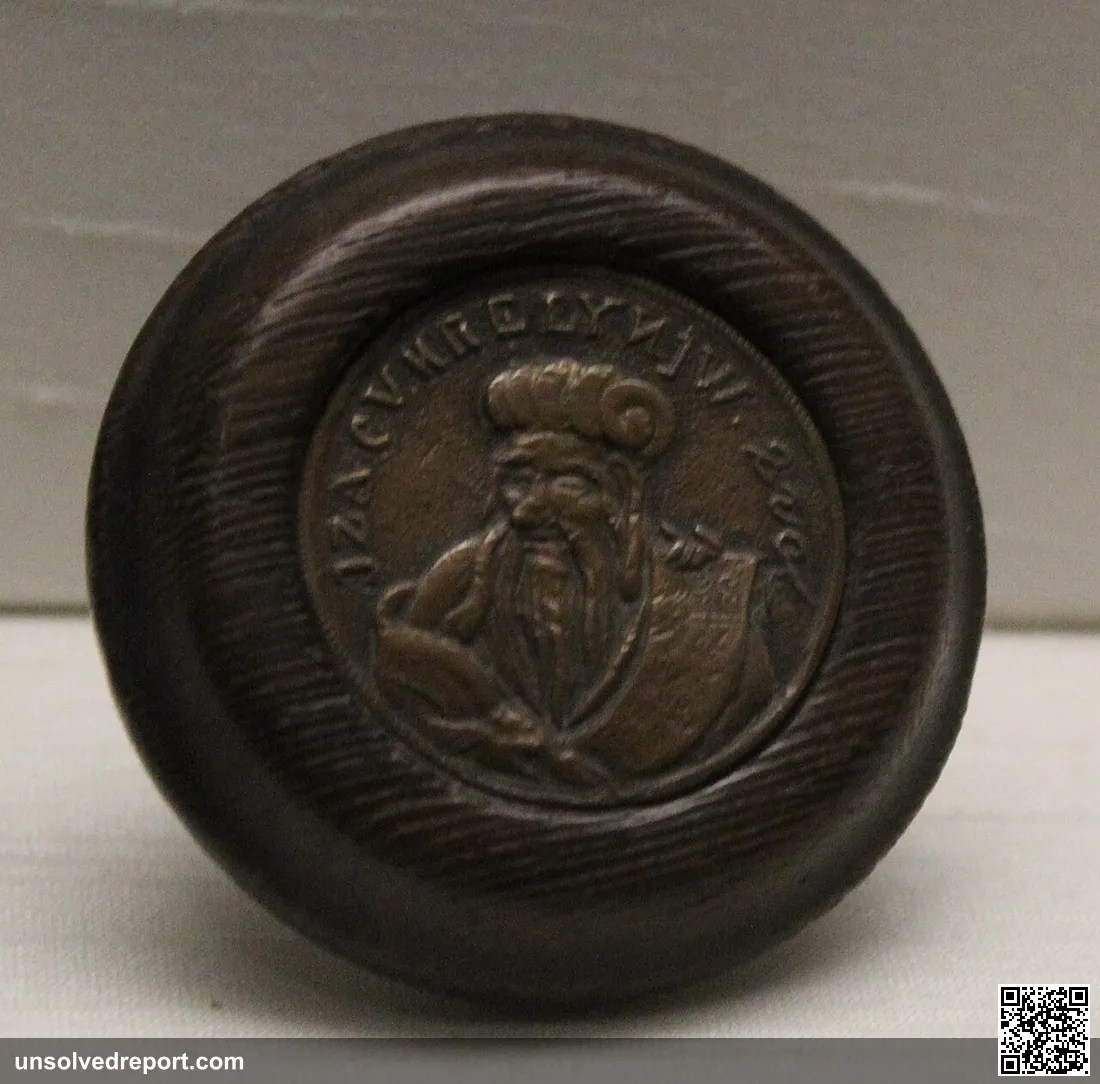 Sage holding a scroll, a kagamibuta type netsuke of wood and copper, dated to 1800-25, Japan. British Museum item numbe…