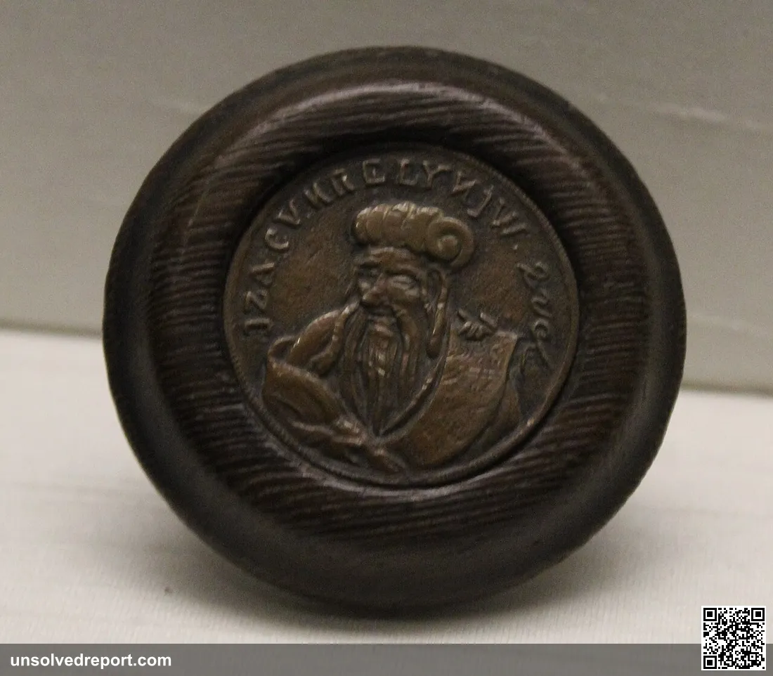 Sage holding a scroll, a kagamibuta type netsuke of wood and copper, dated to 1800-25, Japan. British Museum item numbe…