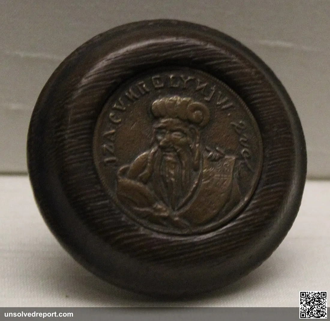 Sage holding a scroll, a kagamibuta type netsuke of wood and copper, dated to 1800-25, Japan. British Museum item numbe…