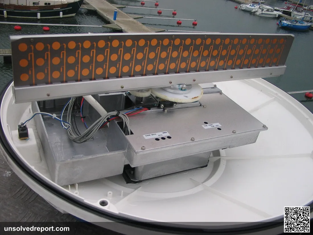 radar antenna of JRC RADAR 3000 (with cap removed) on SV Eltanin in yacht harbour in Gdynia, POLAND.