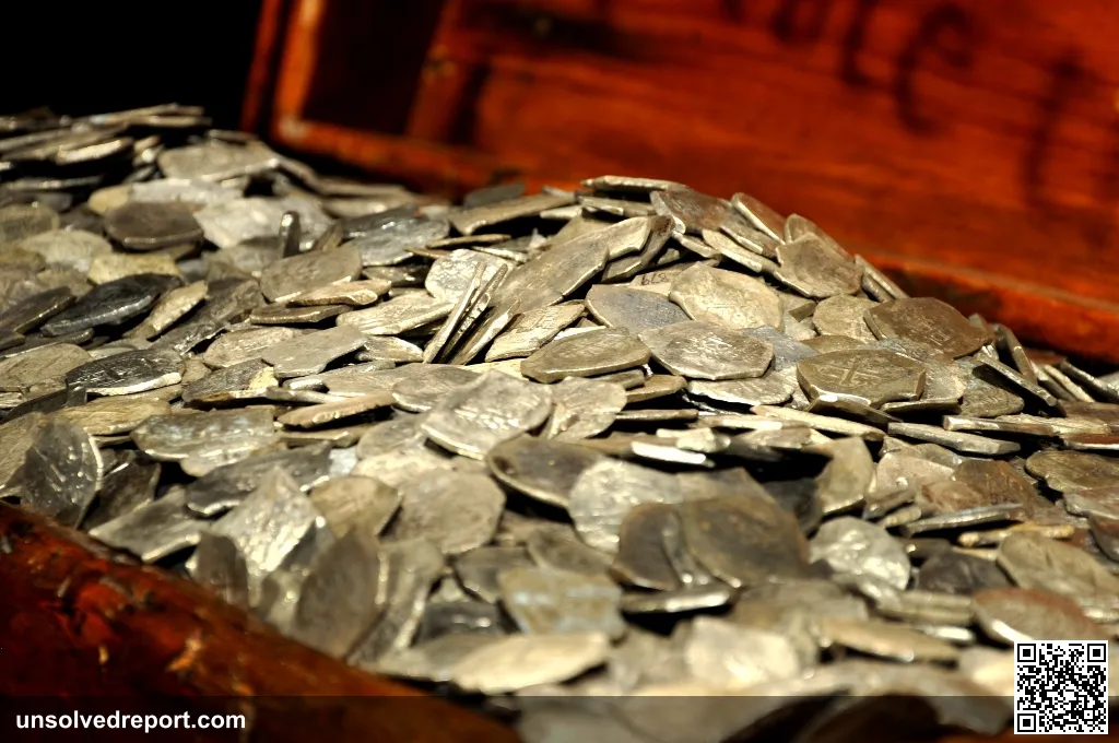 Silver coins recovered from the pirate ship Whydah Gally, on display at the Houston Museum of Natural Science