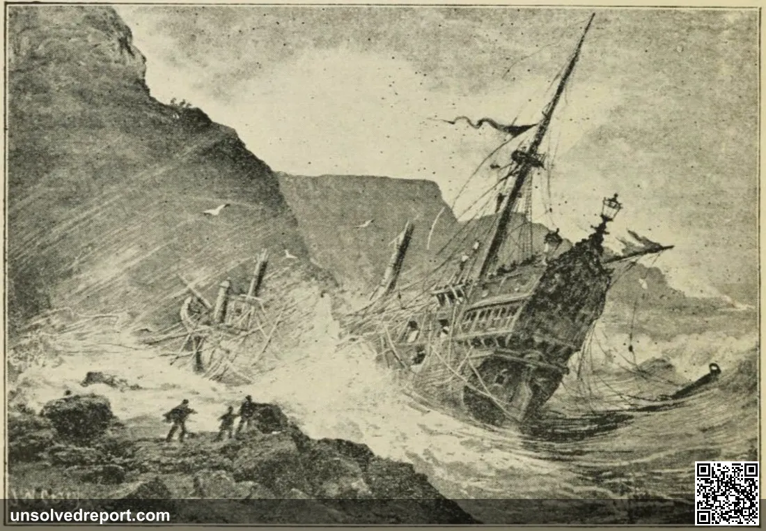 19th-century engraving of a Spanish galleon wrecked off Port-na-Spaniagh, 1588