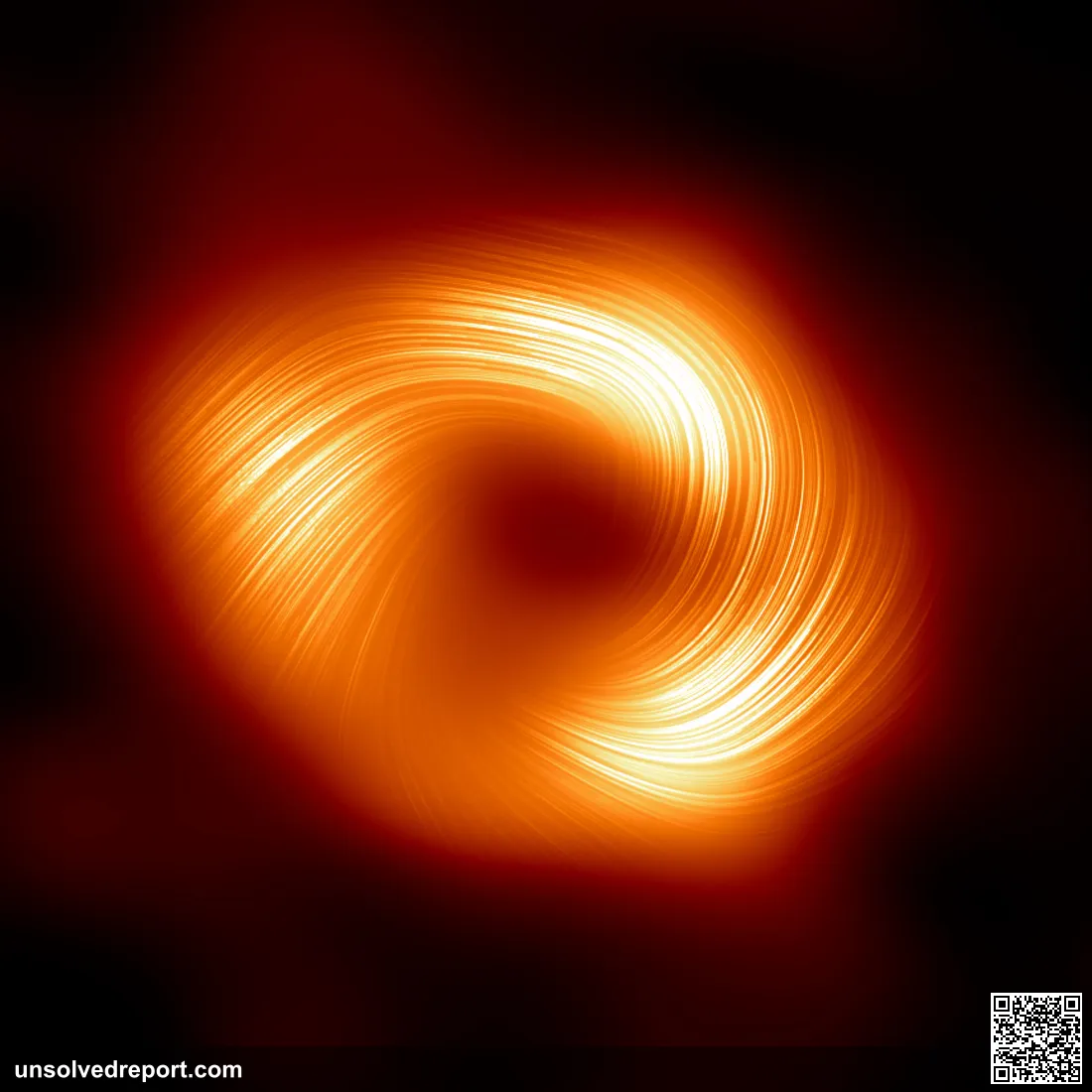 The Milky Way's supermassive black hole Sagittarius A*, imaged in polarised light by the Event Horizon Telescope.