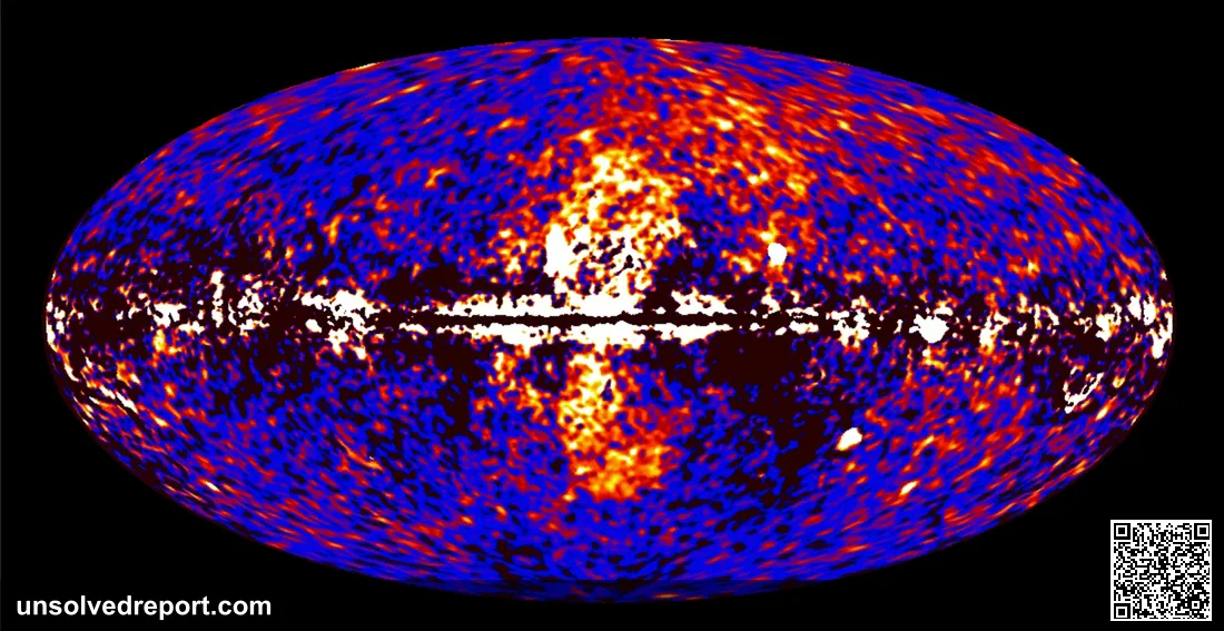 Fermi LAT all-sky gamma-ray map at 1-10 GeV showing bright galactic center and Fermi Bubbles structure