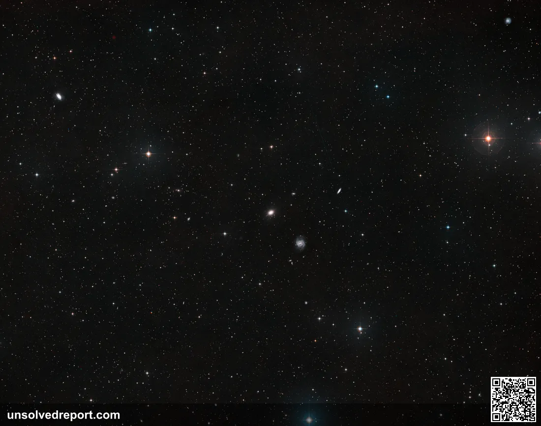 Wide-field sky image showing the region around dark-matter-deficient ultra-diffuse galaxies NGC 1052-DF4 and NGC 1052-DF2