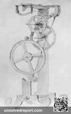 Drawing of pendulum clock designed by Galileo Galilei around 1641. Part of the front supporting plate is removed by the…