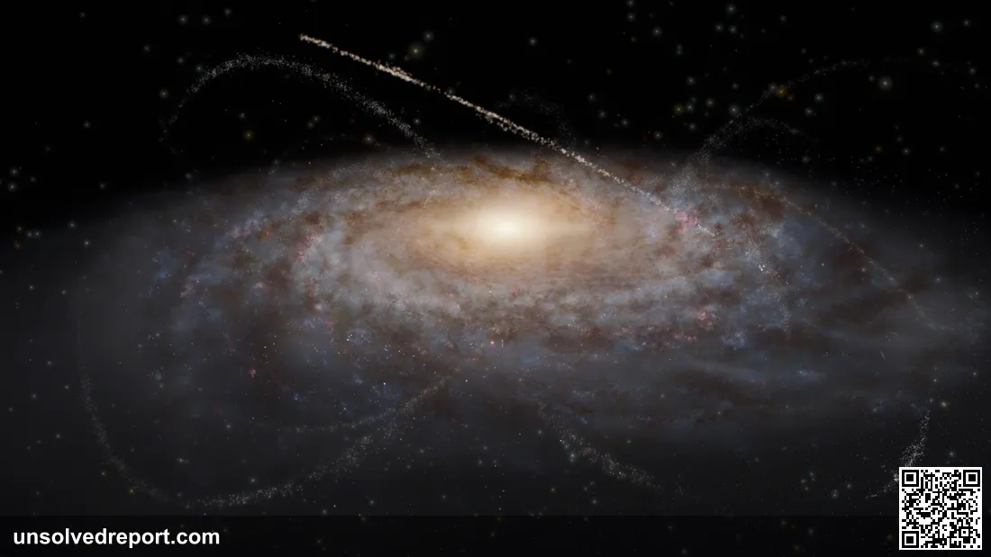 Artist's impression of thin stellar streams arcing around the Milky Way, the stretched remnants of dwarf galaxies and star clusters that GD-1 belongs to.