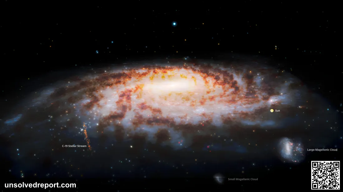 Illustration of a thin stellar stream (C-19) threading the Milky Way's halo, the same class of stretched-out star ribbon as GD-1.