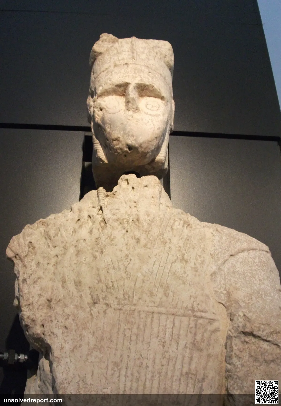Giant of Mont'e Prama warrior statue, Nuragic civilization, Sardinia, c. 900–700 BCE, sandstone, Cabras Museum