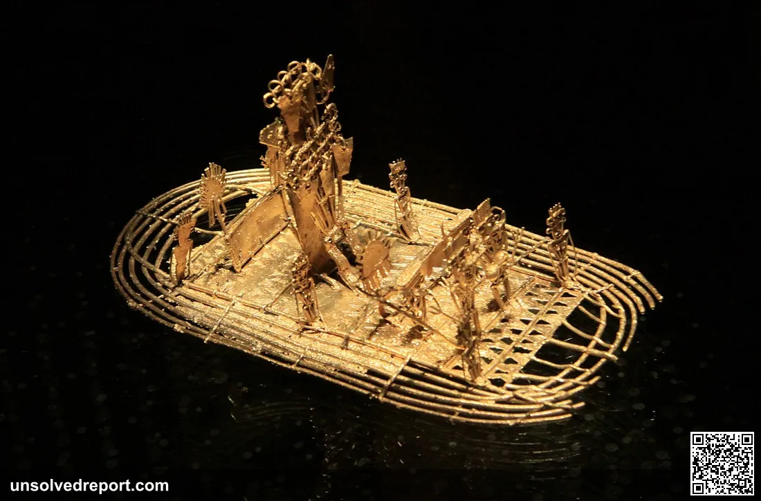 The ‘’ Balsa Muisca’’, representing a ceremony at the origin of the El Dorado legend, from the Museo del Oro of Bogota,…