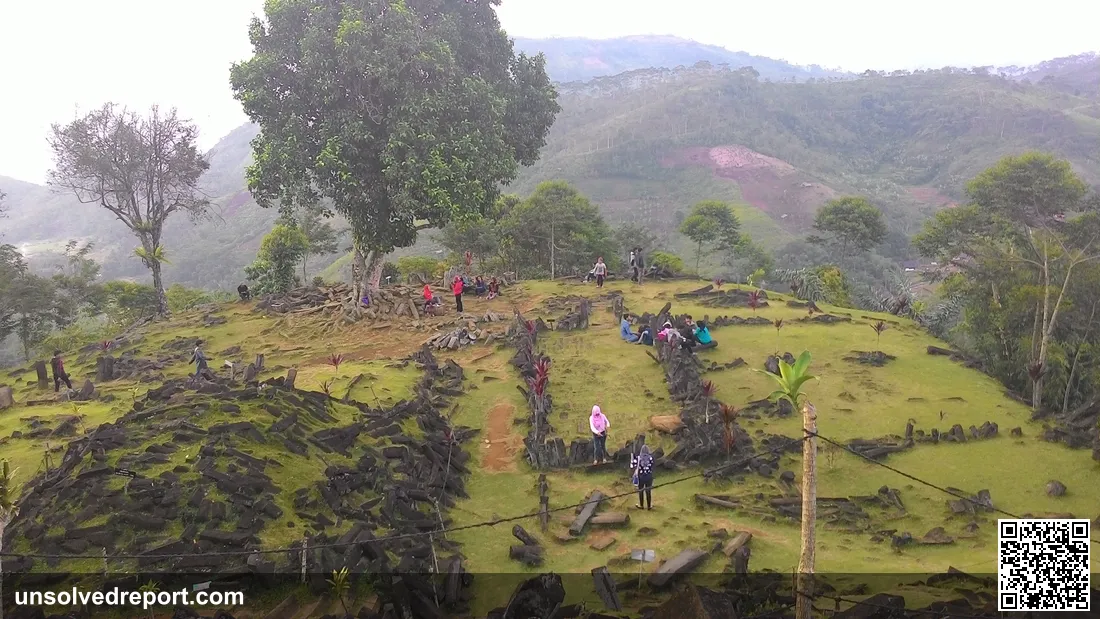 Fifth terrace of the Gunung Padang megalithic site, showing the stacked columnar andesite pillars characteristic of the site