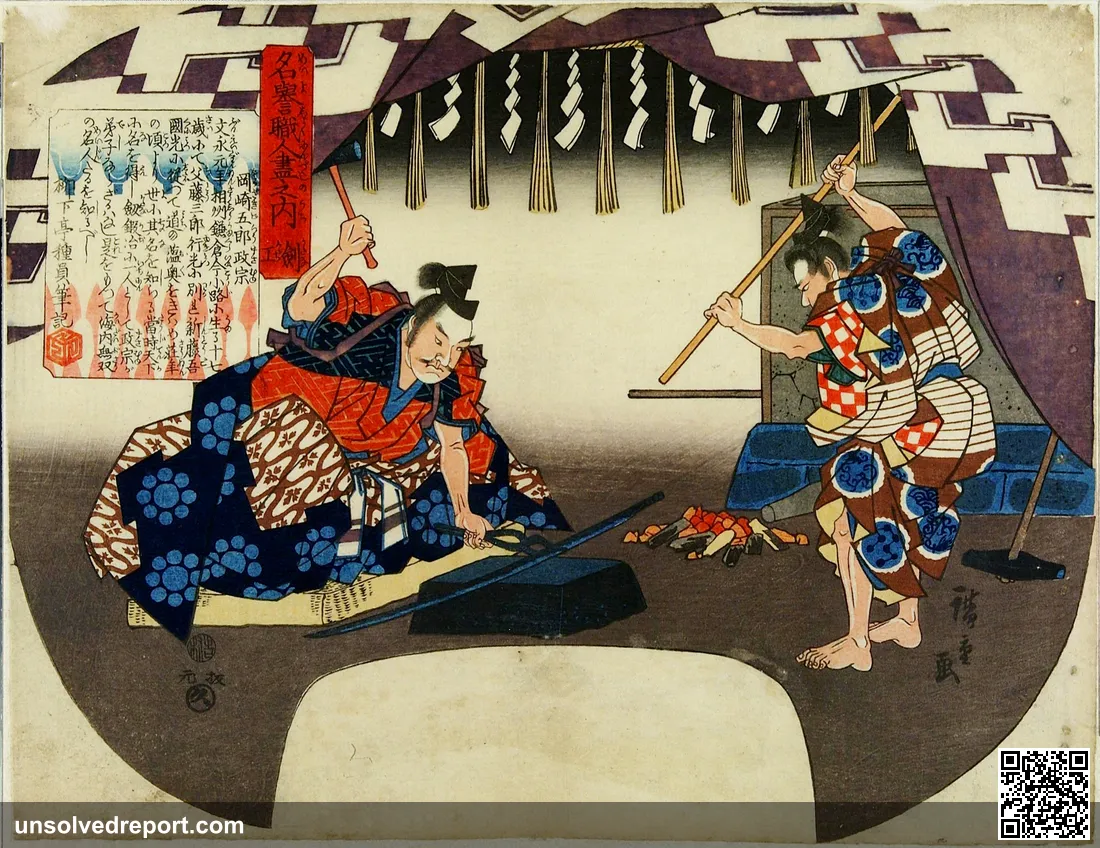 Master swordsmith Goro Nyudo Masamune forges a katana with an assistant, depicted in a ukiyo-e woodblock print.