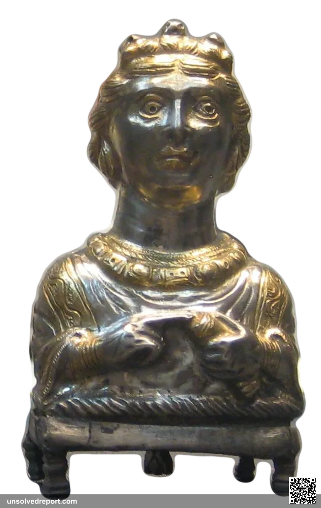The Empress pepper pot from the Hoxne Hoard, a silver-gilt Roman figurative pepper shaker shaped as a female bust.