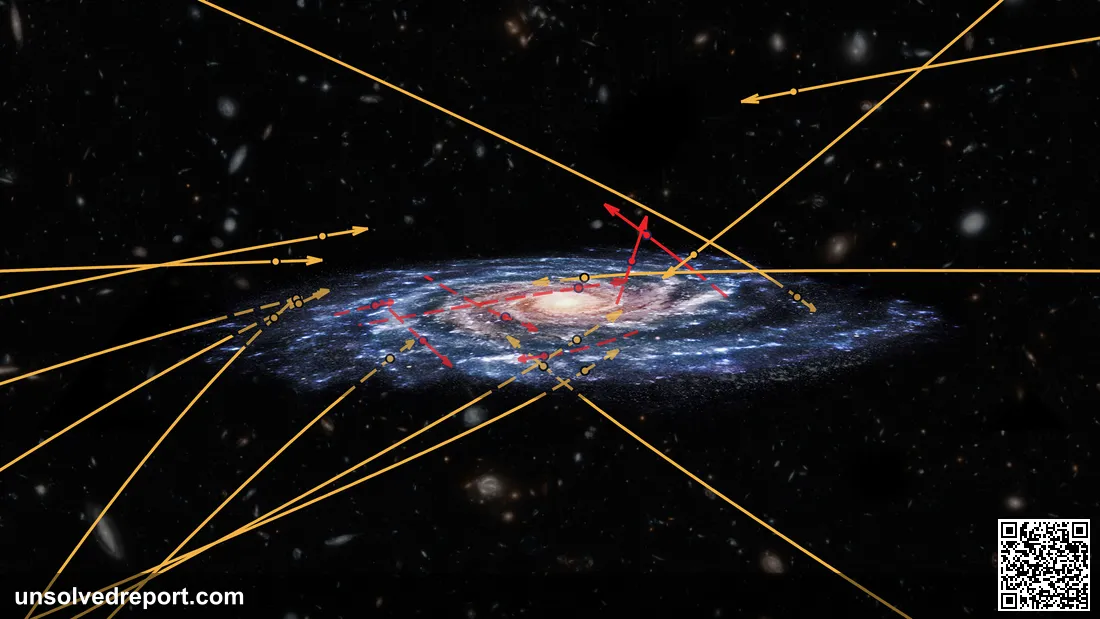 Diagram showing trajectories of hypervelocity runaway stars ejected from the Milky Way galaxy, ESA Gaia mission data