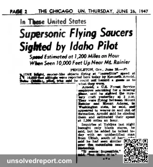 1947 June 26 Chicago Sun article "Supersonic Flying Saucers Sighted by Idaho Pilot". Perhaps first-use of term "flying …