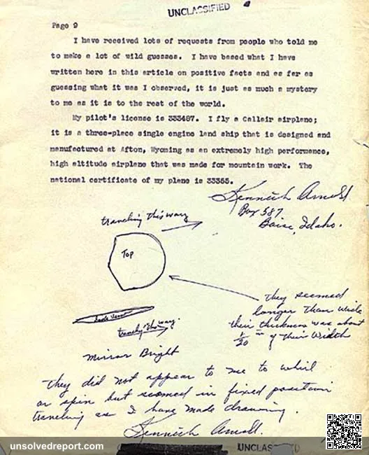 Kenneth Arnold's handwritten AAF letter with sketch of the UFO craft he sighted in 1947, bearing his signature