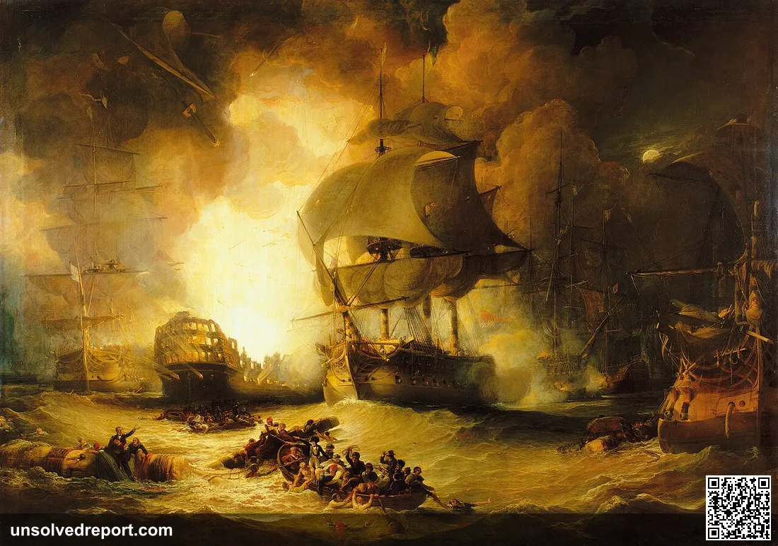 Orient explodes at the Battle of the Nile. Franklin is the ship in the extreme left of the picture, and was almost set …