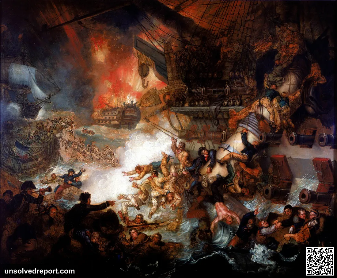 A painting of the height of the Battle of the Nile, 1798 An unfinished painting of the Battle of the Nile. Nelson's dec…