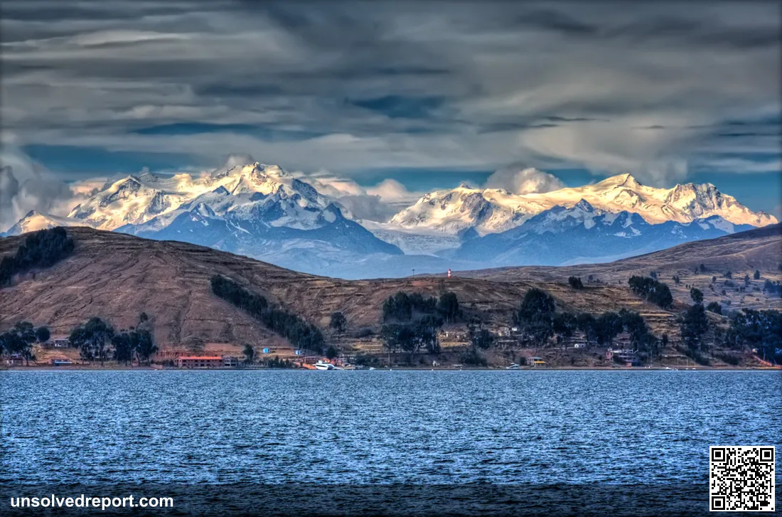Lake Titicaca seen from the Island of the Sun (Isla del Sol), with the snow-capped Andes beyond.