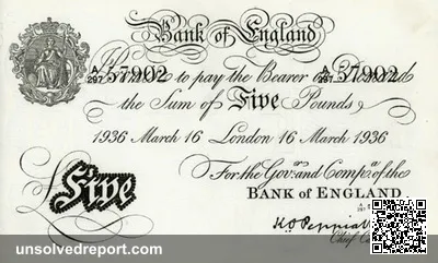 Operation Bernhard forgery of a Bank of England five pound note, produced by prisoners at Sachsenhausen concentration camp between 1942 and 1945.