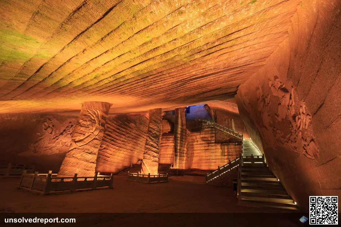 Longyou Cave No. 5 interior, showing the characteristic parallel chisel marks covering the ceiling and walls, stone carvings, and the vast scale of the ancient man-made cavern, Zhejiang, China