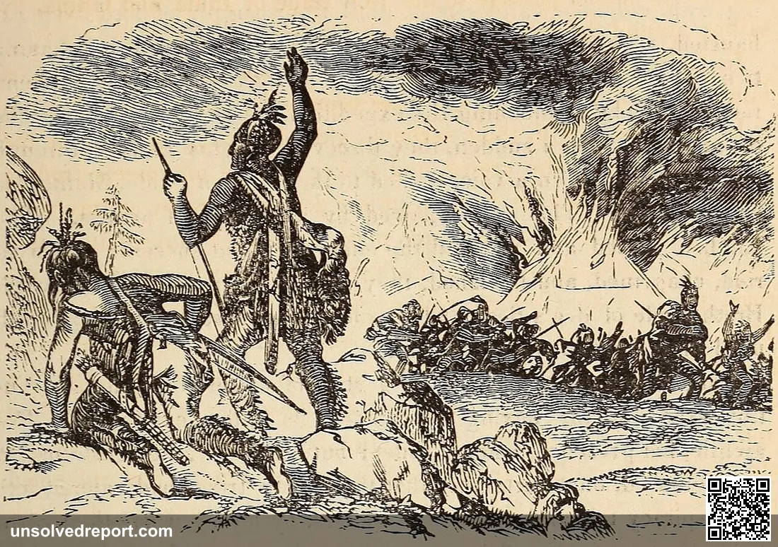 An engraved illustration of Secotans fleeing the burning of Aquascogoc in 1585. English explorers visited several Secot…