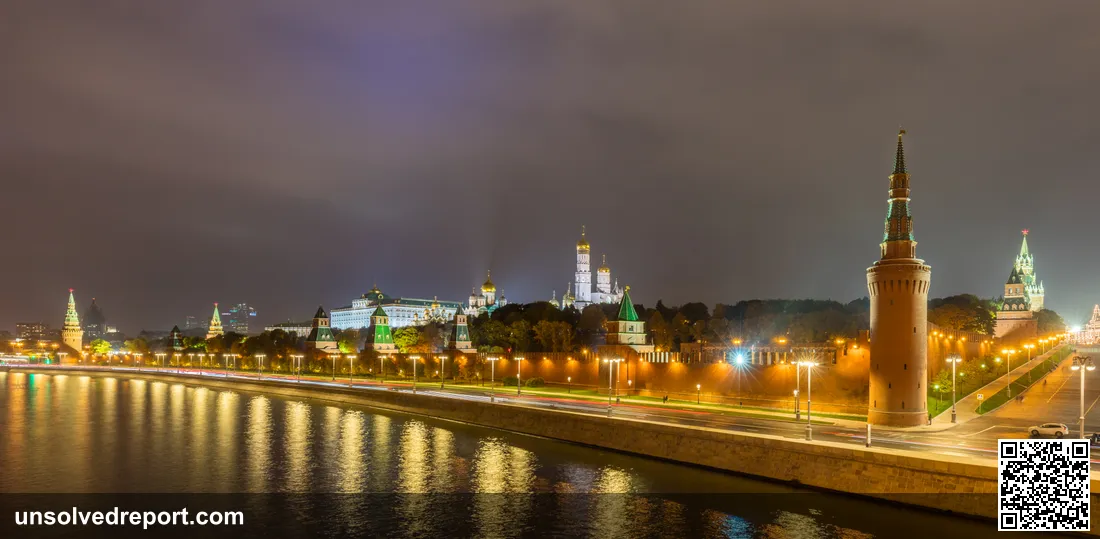 Night panorama of the Moscow Kremlin — the fortress complex beneath which the legendary Liberia library of Ivan the Terrible is believed to lie sealed