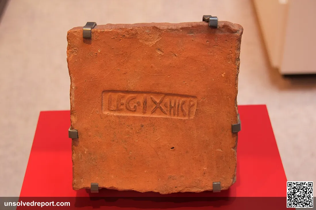 "Roof tile made in the legionary tilery near River Foss, marked with LEG IX (ninth legion). YORYM: 1973.1. Borthwick In…