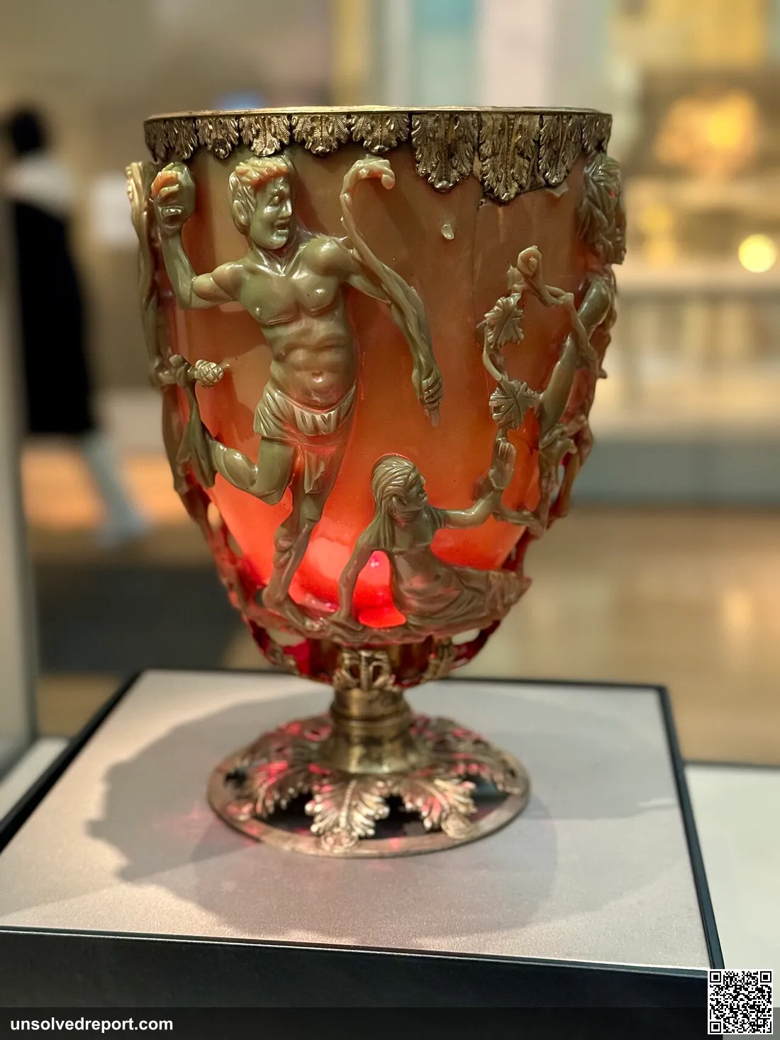 Side view of the Lycurgus Cup, the most magnificent of all Roman ‘cage cups’, where the glass is carved away to create …