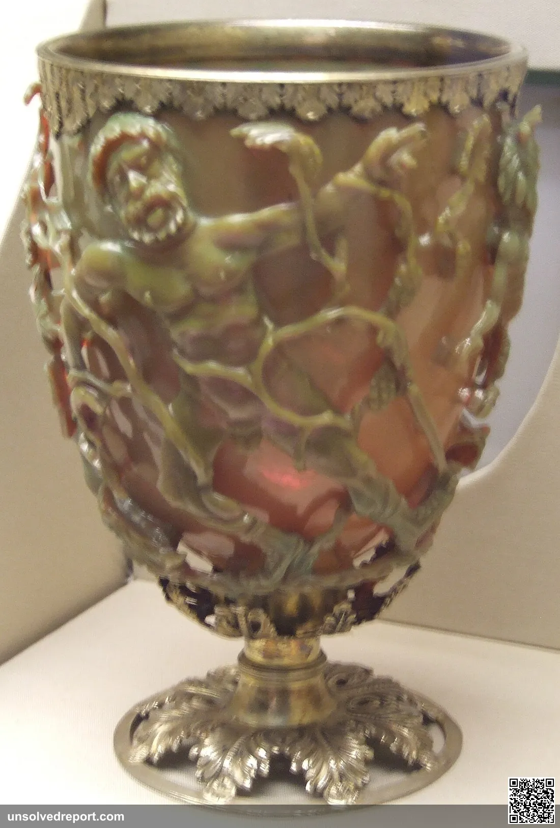 The Lycurgus cup in the British Museum. Made from dichroic Roman glass. Photo is somewhat out of focus.