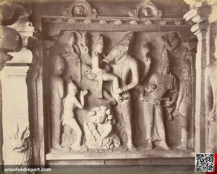 Vishnu in his Boar Incarnation holding the rescued Earth. Rock carvings at the Seven Pagodas, a photo, 1880's