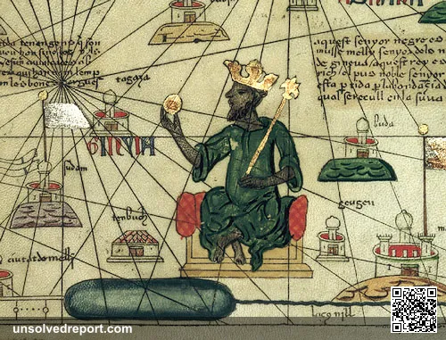 Depiction of Mansa Musa, ruler of the Mali Empire in the 14th century, from a 1375 Catalan Atlas of the known world (ma…