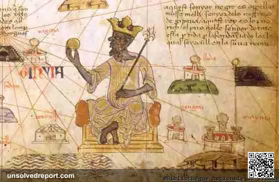 Depiction of Mansa Moussa, emperor of Mali, on a map of Europe and North Africa. Mansa Moussa holds a gold nugget.
