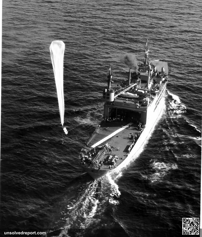 A pear-shaped Navy Skyhook research balloon launches from USS Norton Sound in 1949, the type now thought to be what Mantell chased.