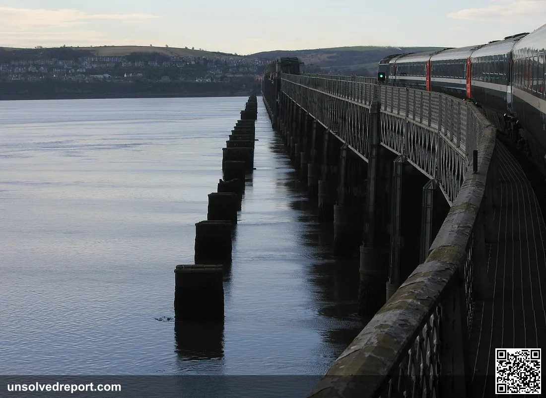 Tay Bridge seen from a passing train travelling South with the old bridge piers visible to the left.