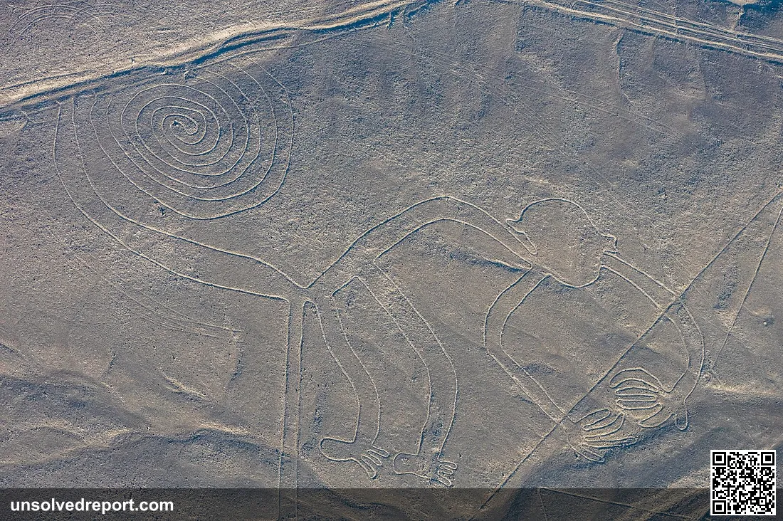 Aerial view of the "Monkey", one of the most popular geoglyphs of the Nazca Lines, which are located in the Nazca Deser…