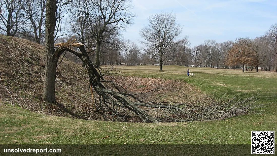 Opening of a ditch on the southern side of the gate to the Great Circle Earthworks in Newark, Ohio, United States; note…
