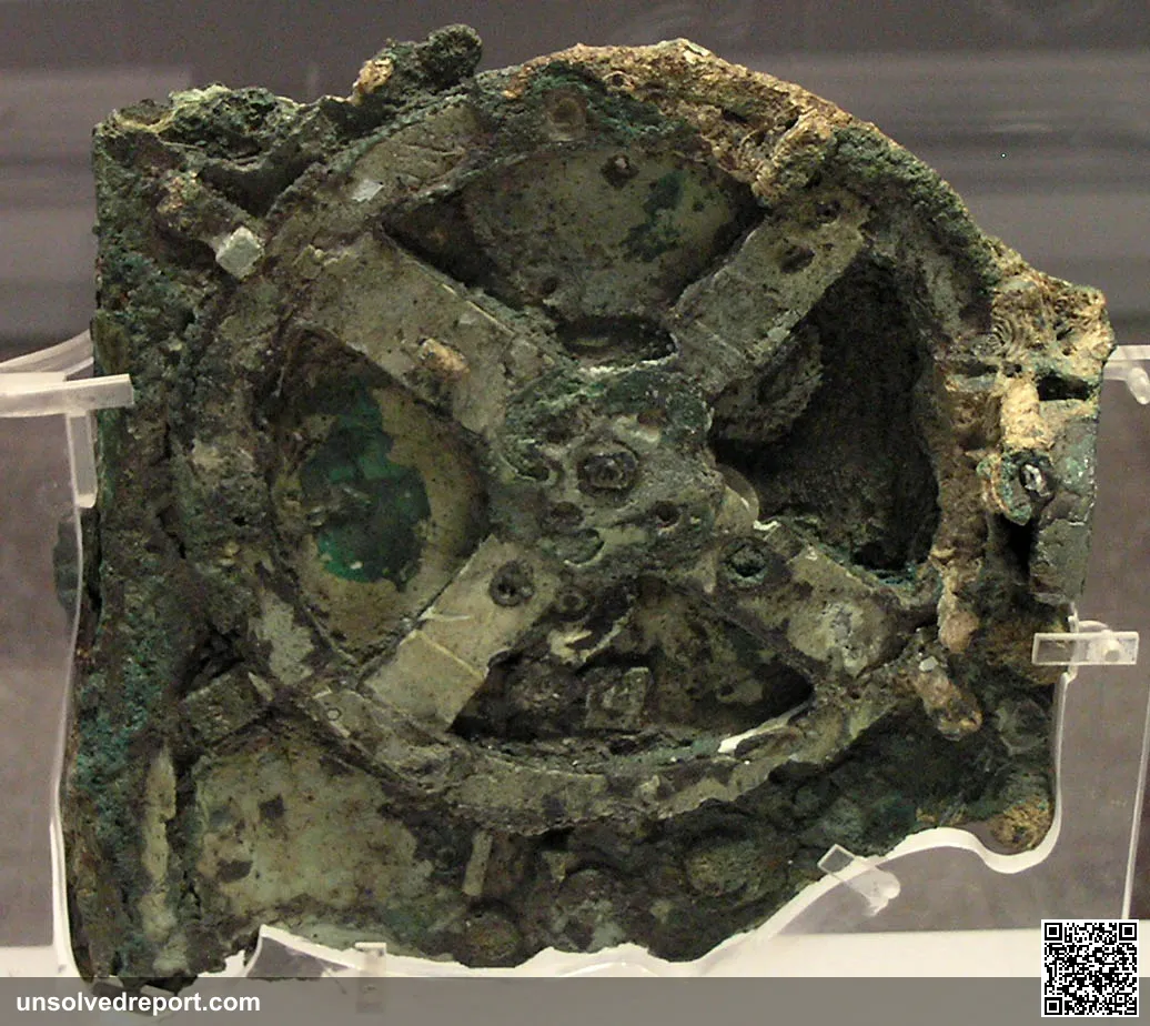 Fragment A of the Antikythera Mechanism, the bronze geared astronomical calculator from c. 2nd-1st century BCE, National Archaeological Museum, Athens.