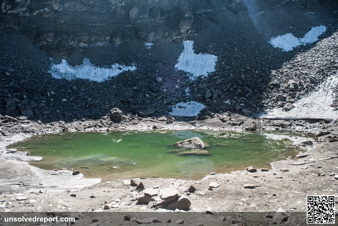 Roopkund (Skeleton Lake), a glacial pond at roughly 16,500 feet in Uttarakhand, India
