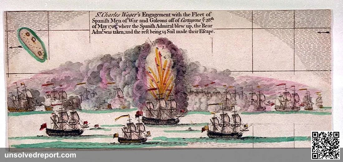Period engraving of the explosion of the San José galleon during Wager's Action off Cartagena, 28 May 1708