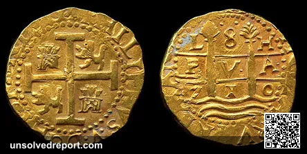 A gold 8 escudos cob (Lima mint, dated 1710) recovered from the wrecks of the 1715 Treasure Fleet.
