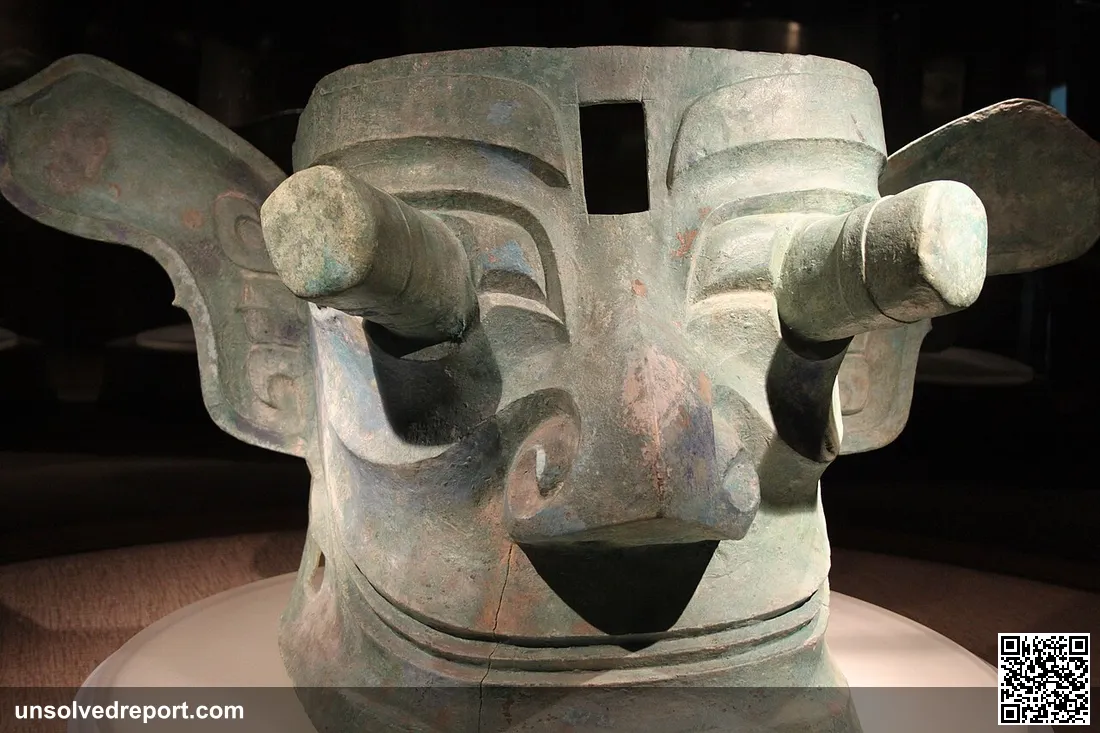 The great Sanxingdui bronze mask with cylindrical protruding eyes and outspread ears, unearthed in Sichuan, China.
