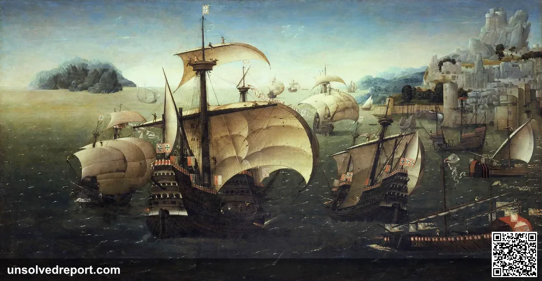 16th-century oil painting of Portuguese carracks sailing off a rocky coast, the same type of ship as the São Bento that wrecked in 1554.