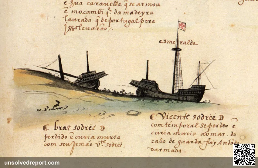16th-century Portuguese manuscript illustration showing the wreck of India-route ships, from the Livro das Armadas c. 1568.
