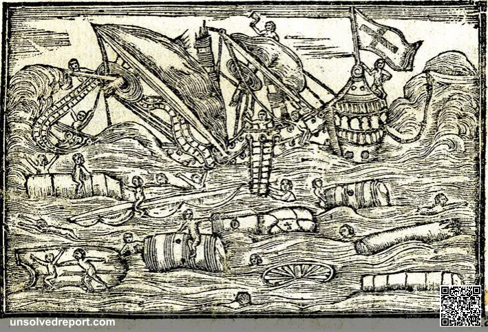 the sinking of the portuguese galeon São João in 1552. Published in 1735 and depicts the sinking of the galeon São João…