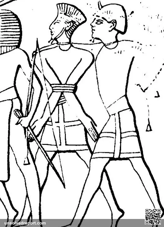 A Peleset & Sherden prisoner (Sea People’s) being led by an Egyptian soldier under Ramesses III, Medinet Habu templ…